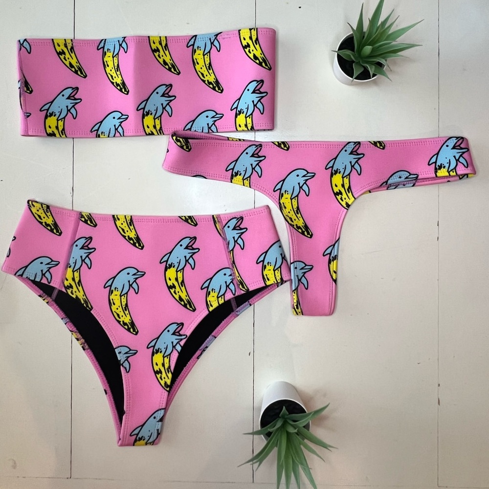 3 PIECE BUNDLE | HOAKA x PONY Willy Banana Dolphins Bikini Set | 1 Top 2 Bottoms